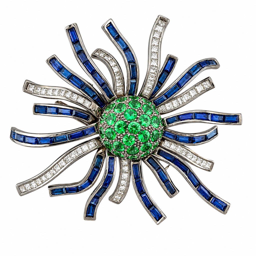 Gemstone brooch front view with green round center, blue sapphire bars, and diamond-lined rays