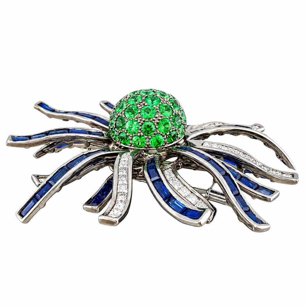 Gemstone brooch featuring a domed green centerpiece with blue sapphire bar accents and diamonds