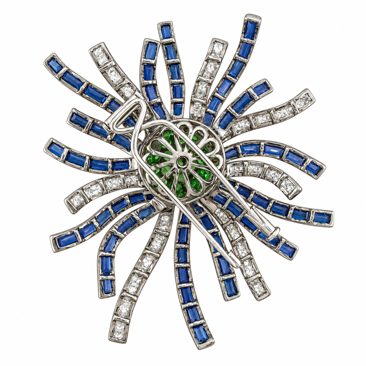 Gemstone brooch with green center, blue sapphire bars, and clear diamond rays in white metal