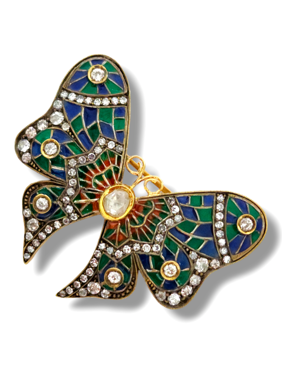 Amazing 56k Gold, Plique-à-jour Enamel &  Diamond Brooch