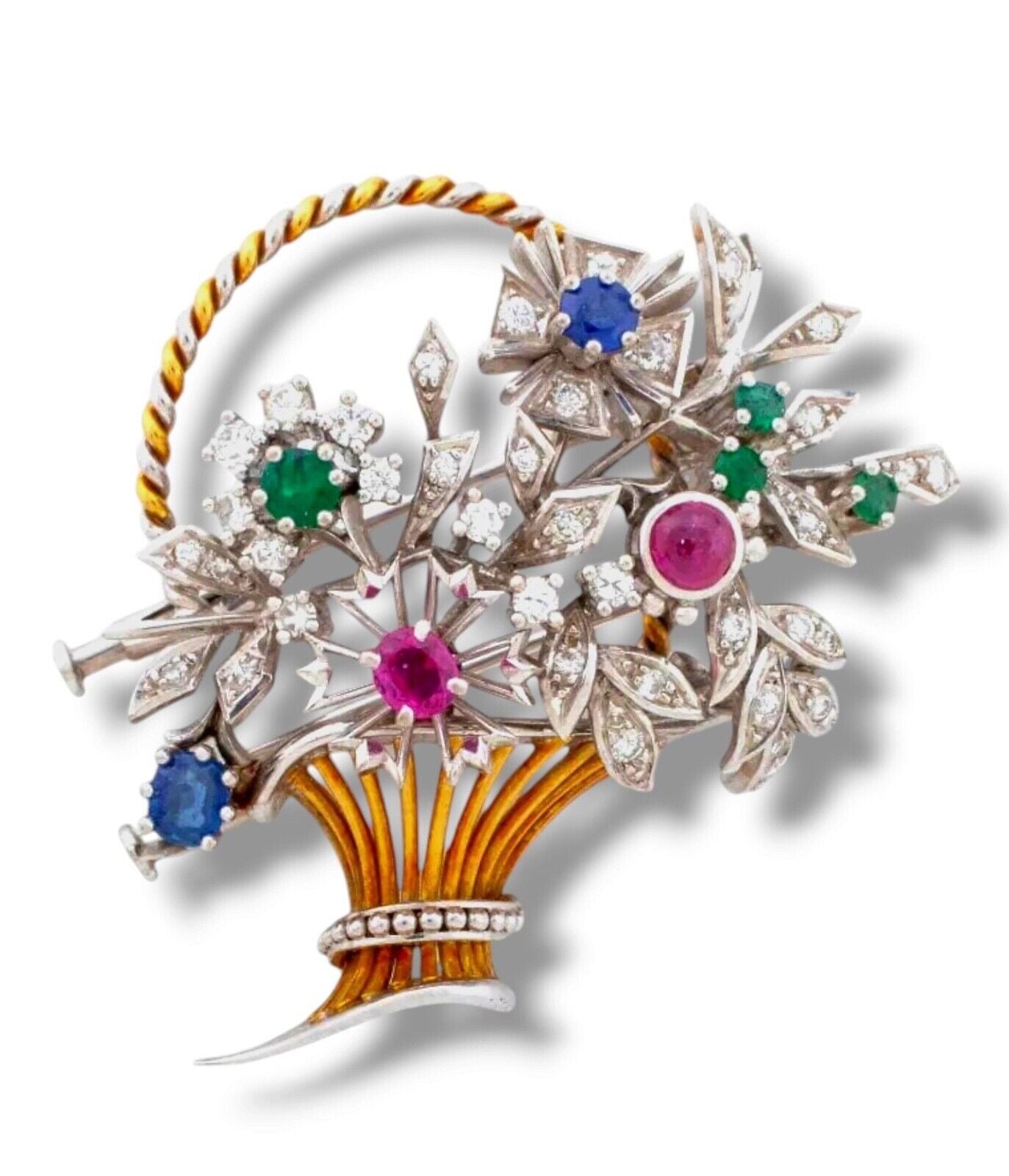 Amazing 18K Gold Ruby Emerald Sapphire Diamond Brooch Pin