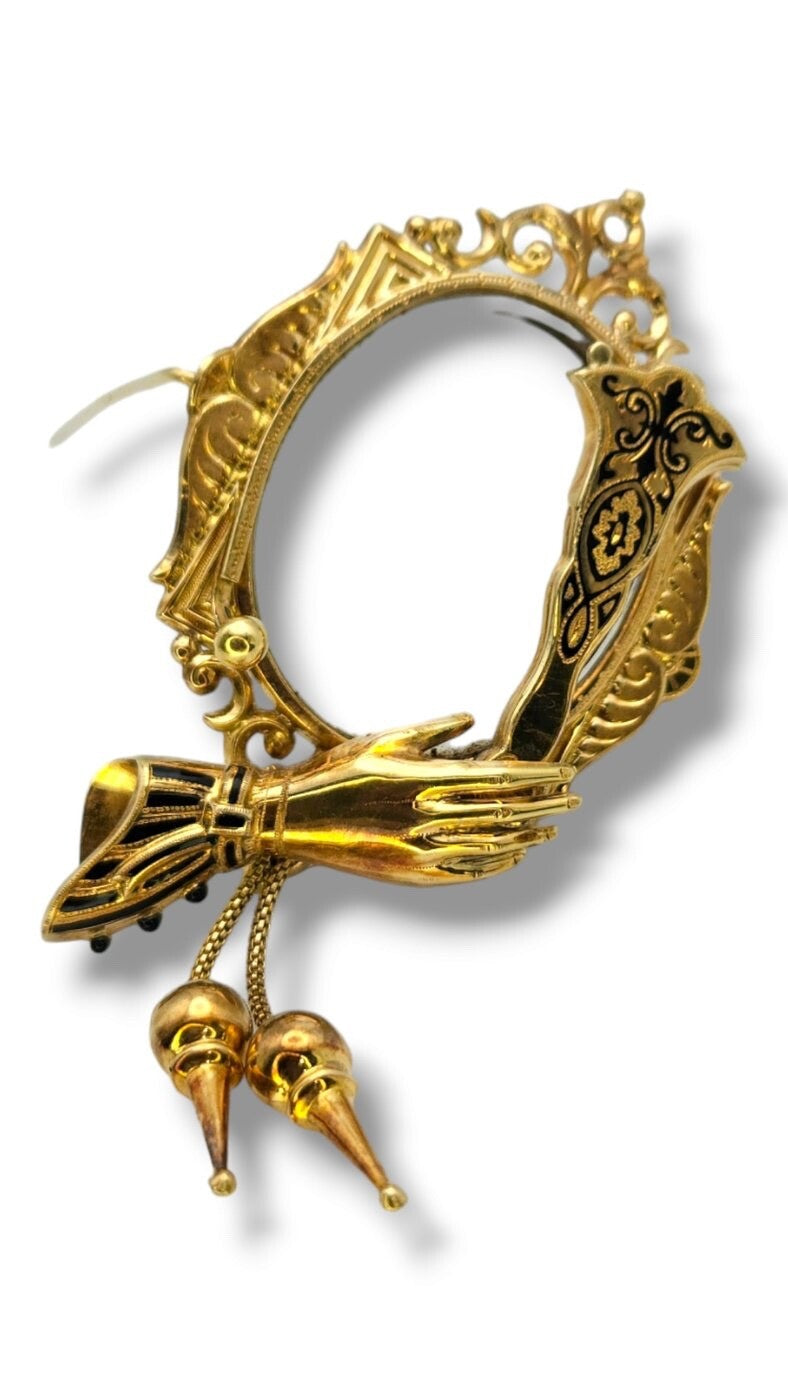 Antique 14K Gold & Enamel Movable Fan Brooch /Double Locket  Victorian Era 1860