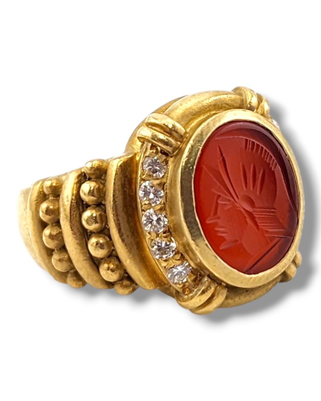 Judith Ripka 18k Carnelian Trojan head & Diamond Ring