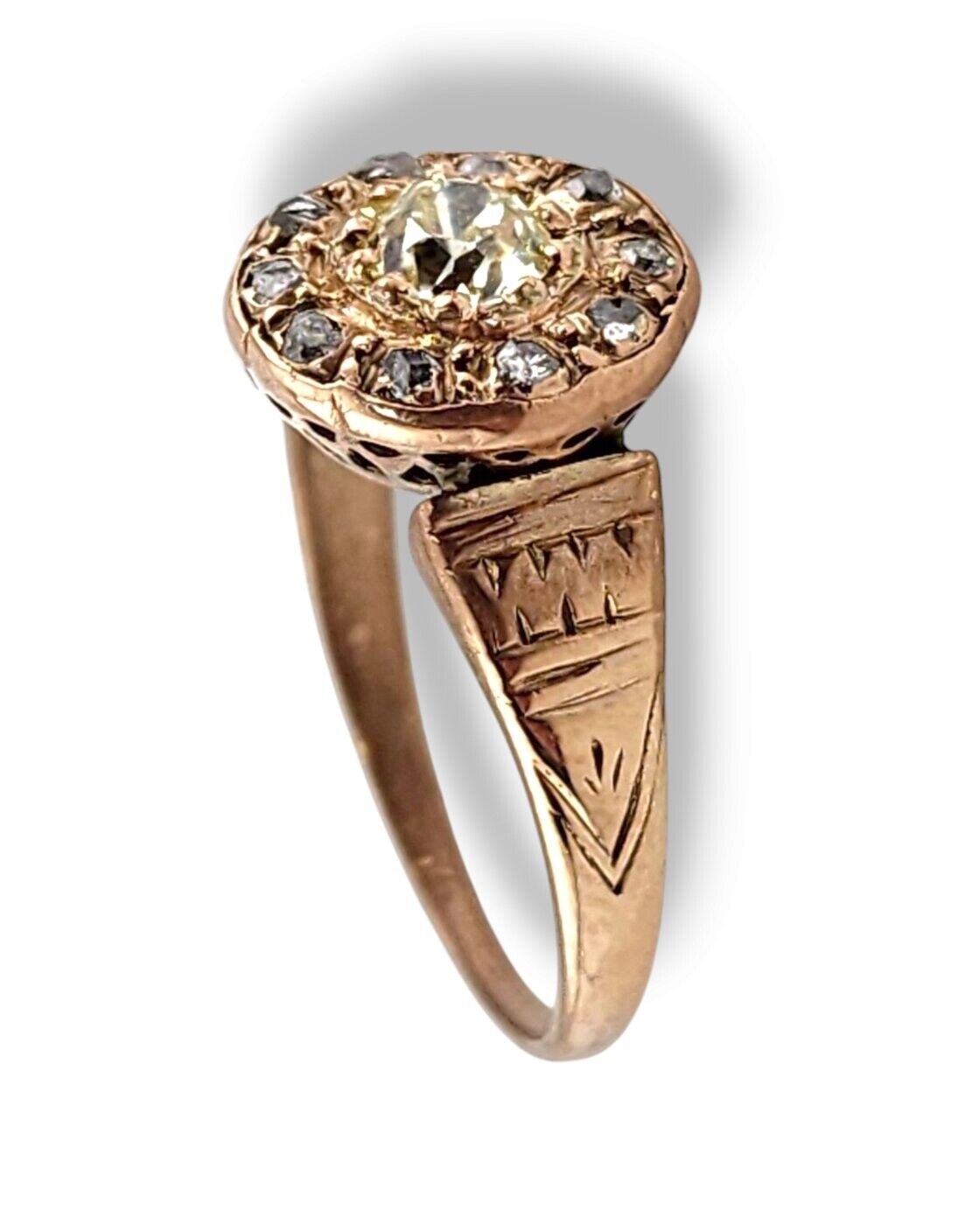 Beautiful  14K Rose Gold Ring with Large Yellow Raw Cut Center Diamond