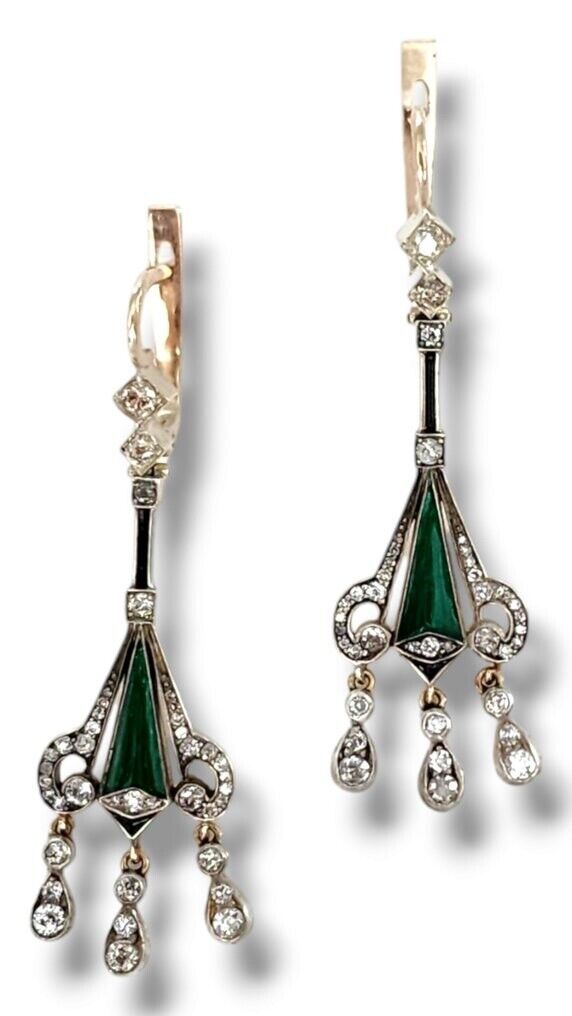 Amazing Art Deco  Imperial 56K  Gold  Diamond & Enamel Earrings