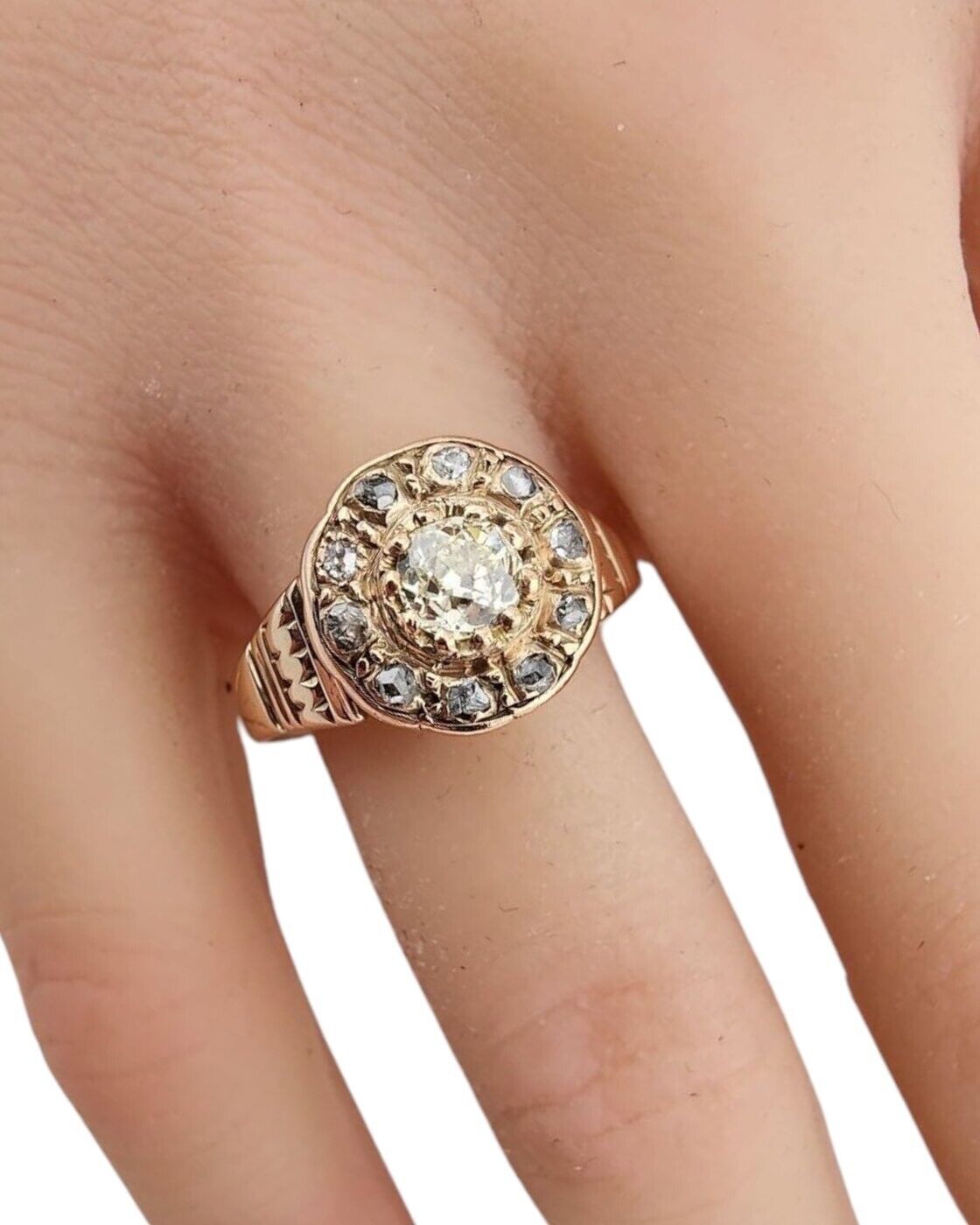 Beautiful  14K Rose Gold Ring with Large Yellow Raw Cut Center Diamond