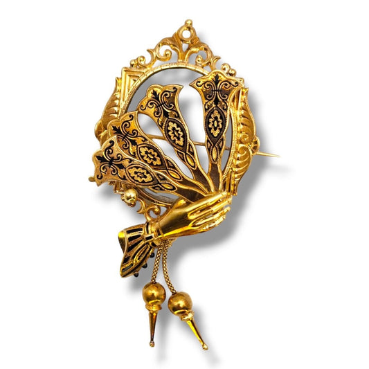 Antique 14K Gold & Enamel Movable Fan Brooch /Double Locket  Victorian Era 1860