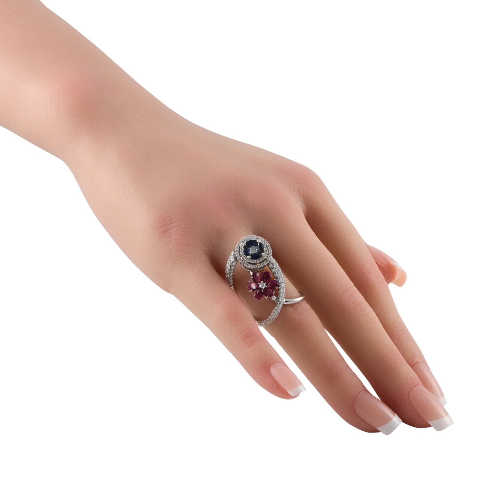 Amazing 18K White Gold 2.0ct Diamond, Sapphire, and Ruby Cocktail Ring