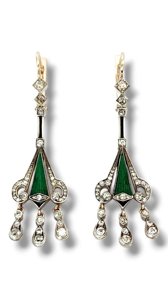 Amazing Art Deco  Imperial 56K  Gold  Diamond & Enamel Earrings