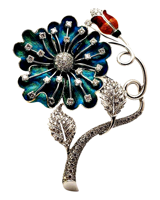 18K Gold, Diamond flower brooch by Italian jewelry house Sabbadini Large 6.12Ct.
