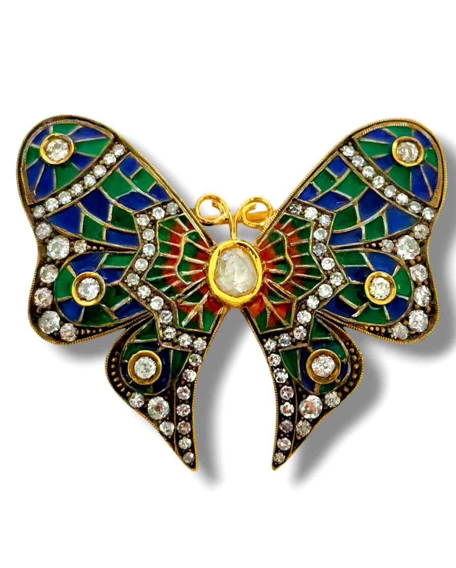 Amazing 56k Gold, Plique-à-jour Enamel &  Diamond Brooch