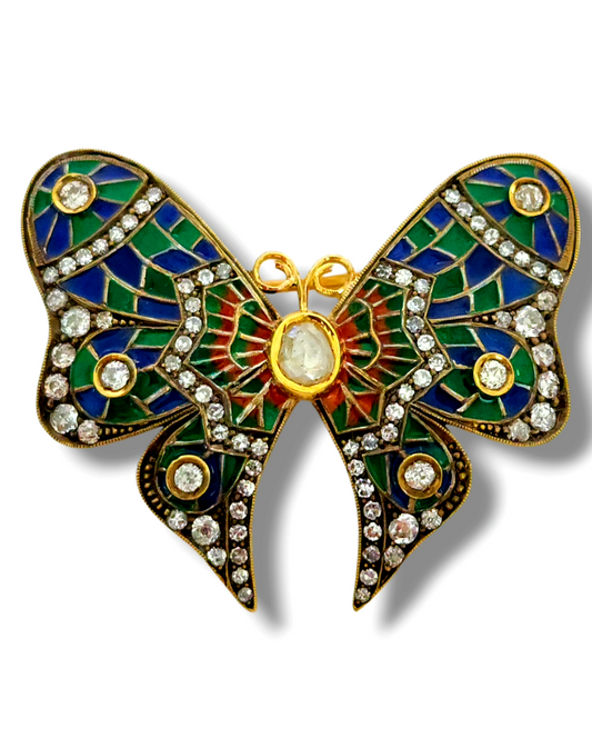 Amazing 56k Gold, Plique-à-jour Enamel &  Diamond Brooch