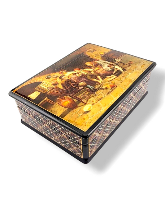 Rare Vintage Russian Hand Painted Lacquered Small Wooden Box Signed Fedoskino