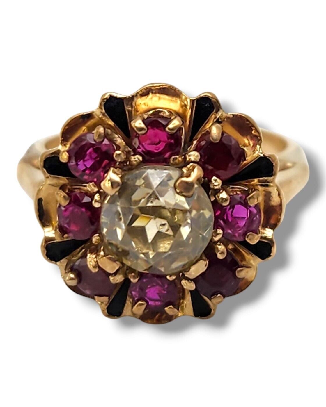 14K Yellow Gold Ring/ Large Center 1.0Ct Diamond Surrounded by 8 Rubies