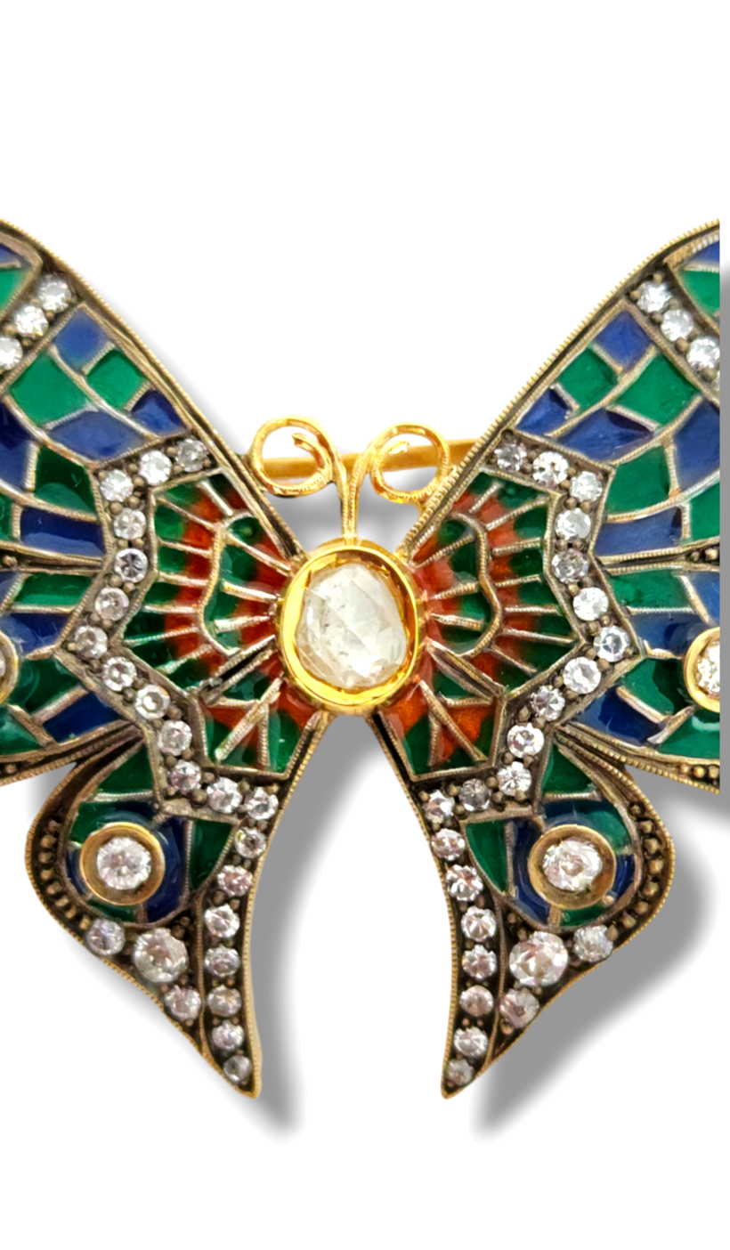 Amazing 56k Gold, Plique-à-jour Enamel &  Diamond Brooch
