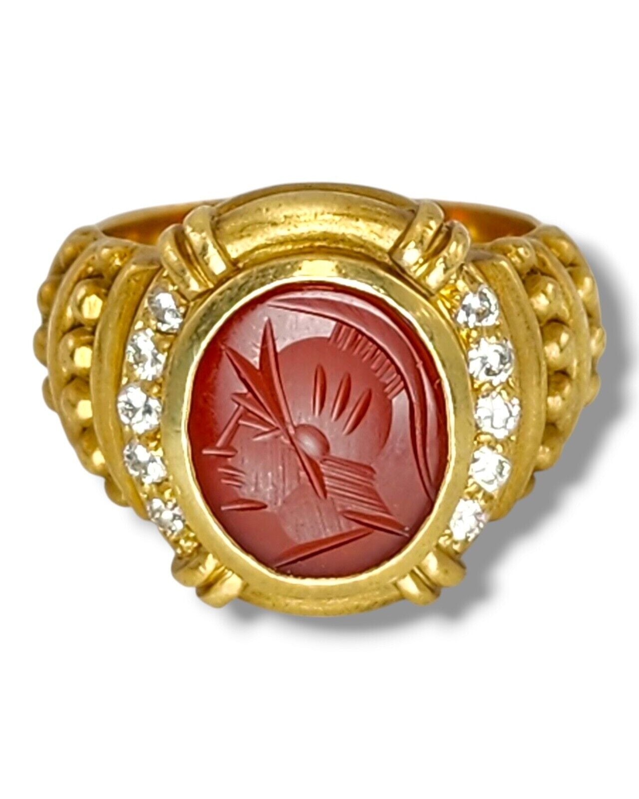 Judith Ripka 18k Carnelian Trojan head & Diamond Ring