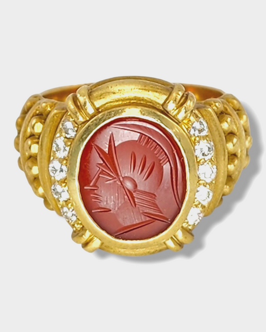 Judith Ripka 18k Carnelian Trojan head & Diamond Ring