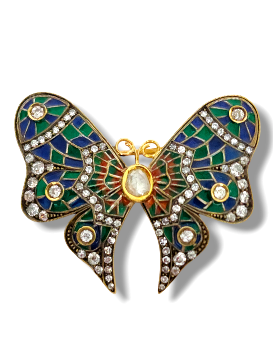 Amazing 56k Gold, Plique-à-jour Enamel &  Diamond Brooch