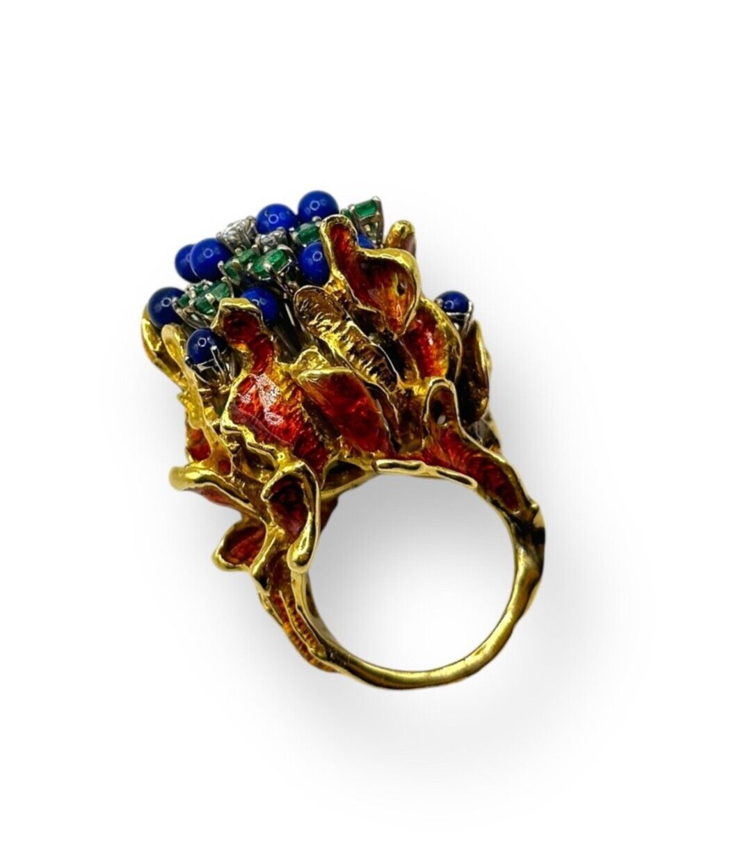 Gorgeous Very Unique Women's Large 18K Yellow Gold Ring with Diamonds, Sapphires