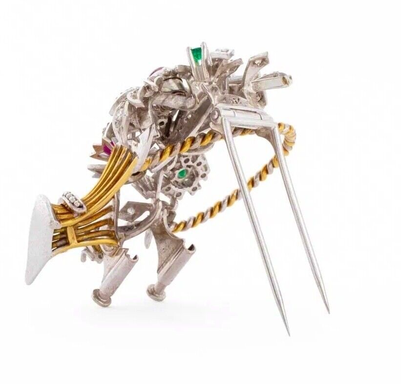 Amazing 18K Gold Ruby Emerald Sapphire Diamond Brooch Pin