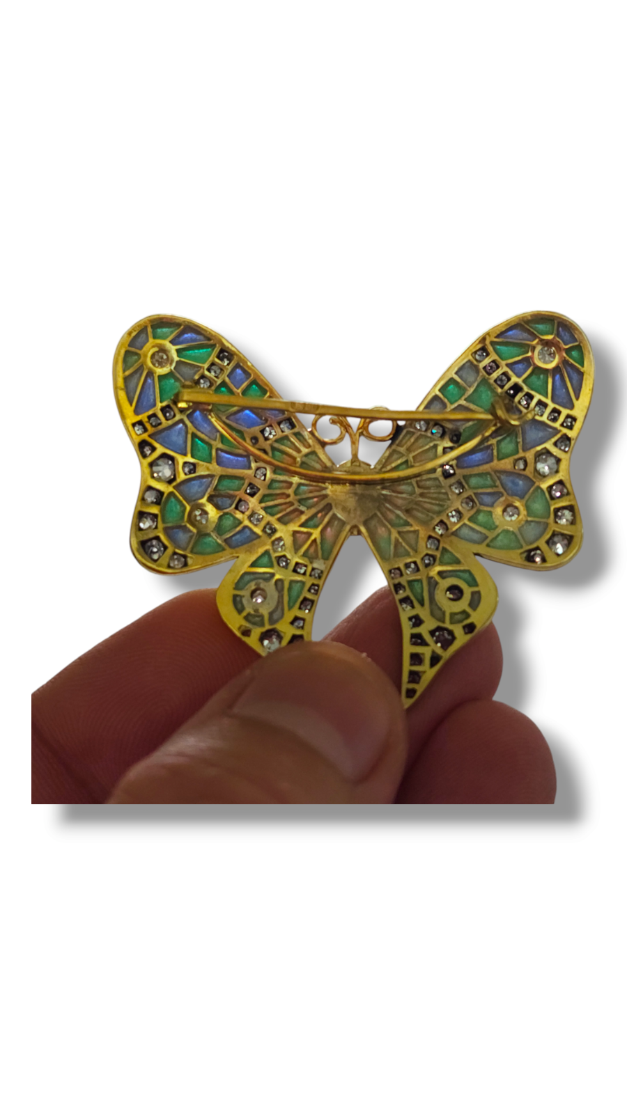 Amazing 56k Gold, Plique-à-jour Enamel &  Diamond Brooch