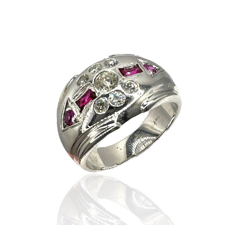 Beautiful 14K White Gold Ring with Diamonds and Rubies