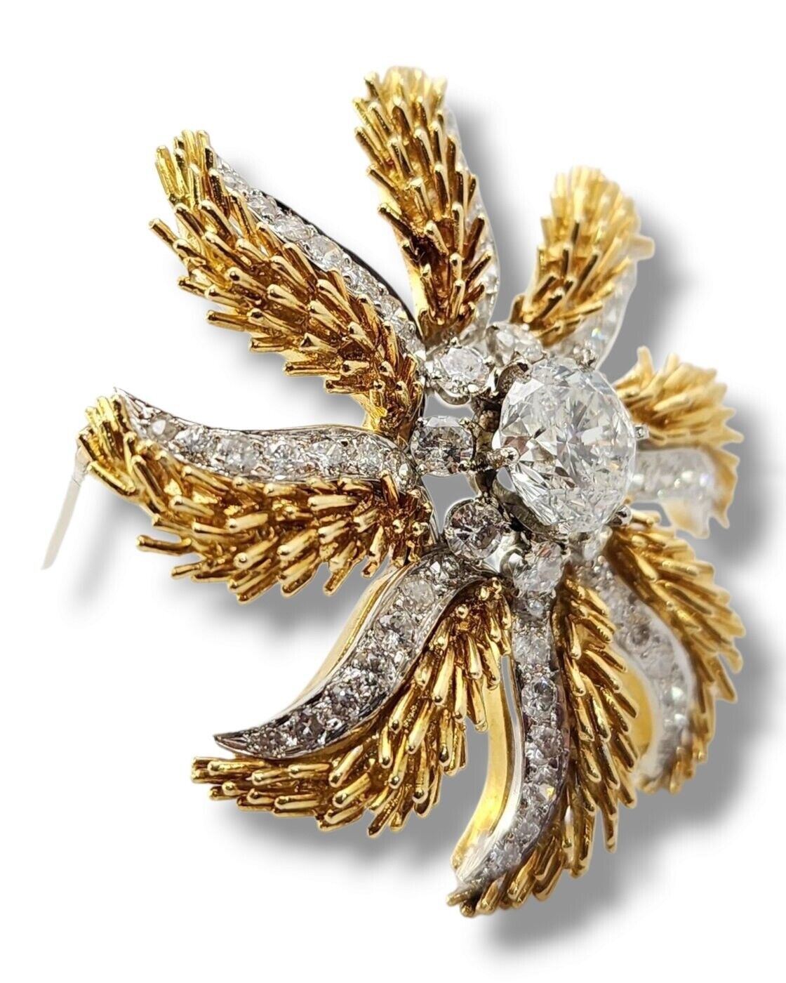 Gorgeous 18K Yellow and White Gold Brooch with Large Diamonds 3.08 Ct