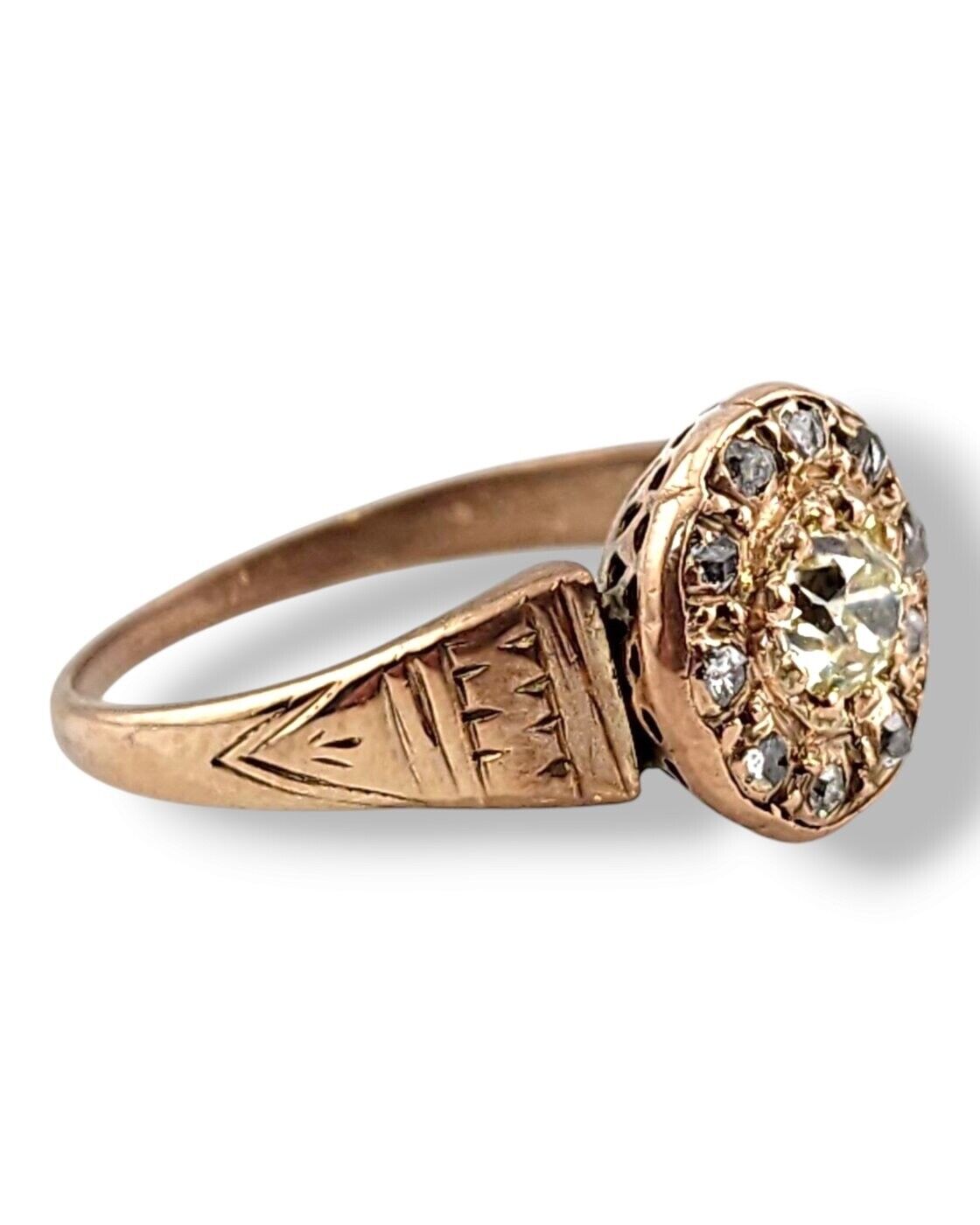 Beautiful  14K Rose Gold Ring with Large Yellow Raw Cut Center Diamond