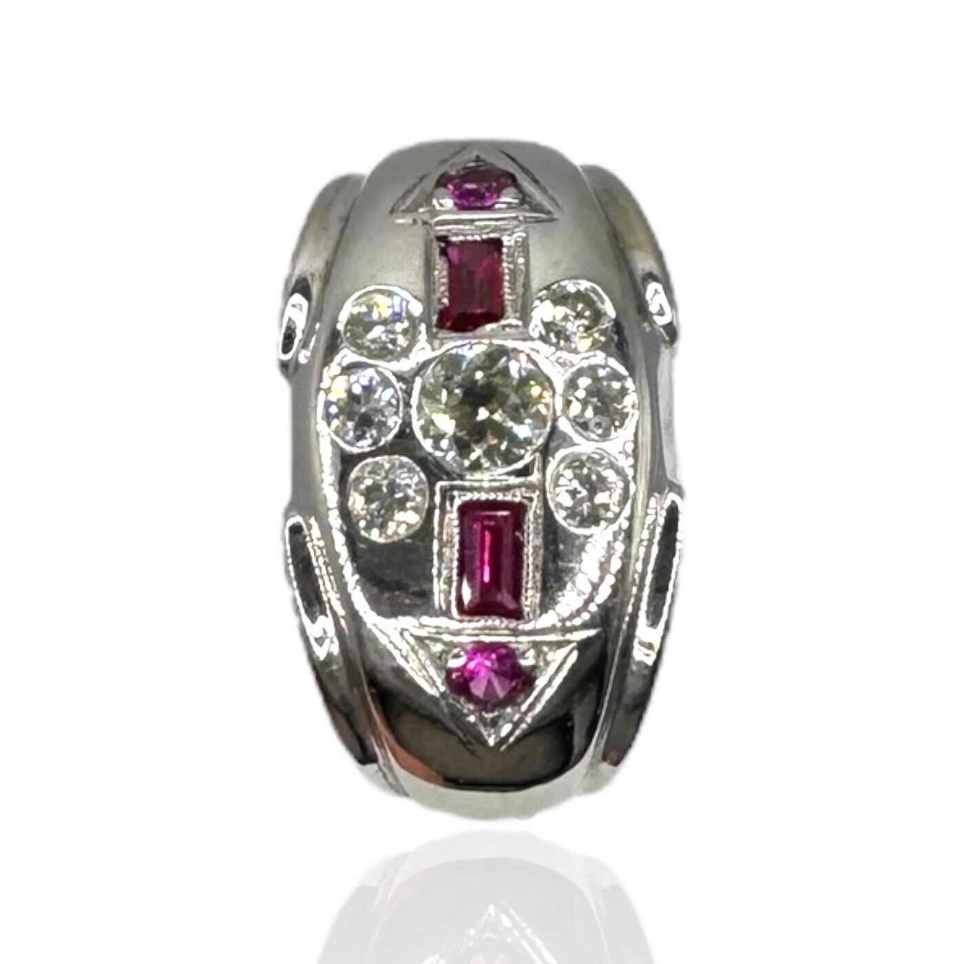 Beautiful 14K White Gold Ring with Diamonds and Rubies