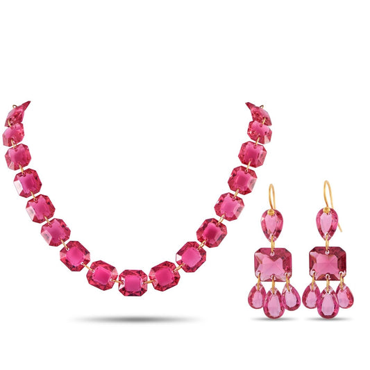Baccarat 8K Yellow Gold Red Crystal Necklace and Earrings Set