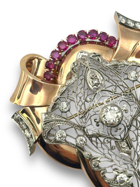 Beautiful Vintage 14K Gold Large Brooch Embezzled with Large Diamonds & Rubies