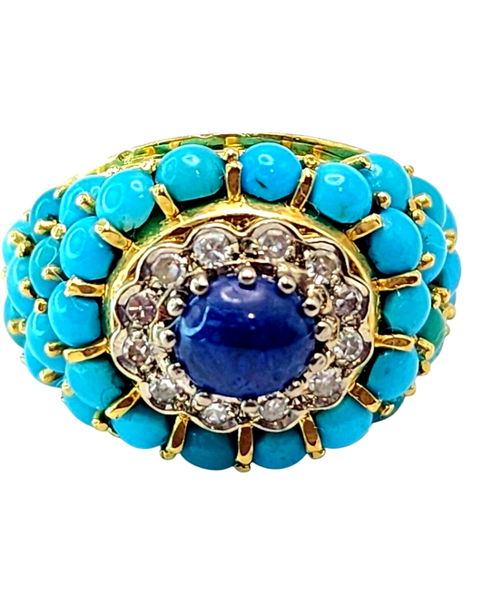 Gorgeous Vintage 18K Gold Turquoise Diamond & Sapphire  Ring