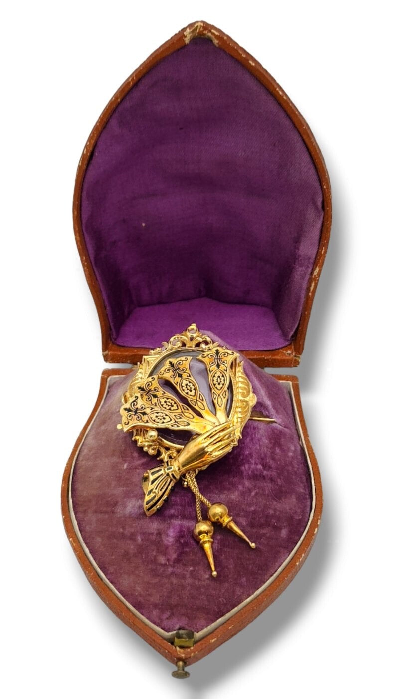 Antique 14K Gold & Enamel Movable Fan Brooch /Double Locket  Victorian Era 1860