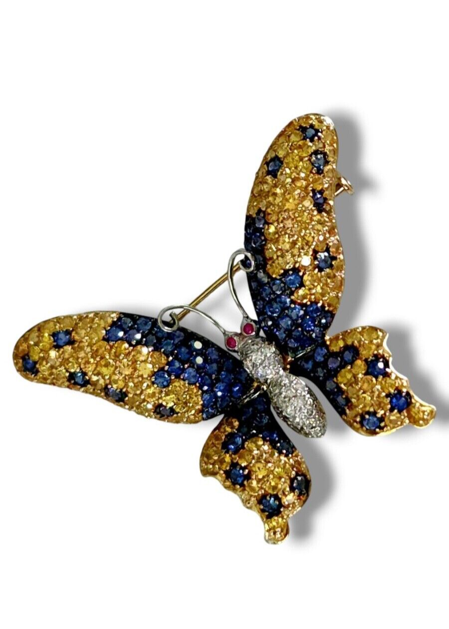 Gorgeous 18k Gold Diamond Sapphire Butterfly Brooch Pin