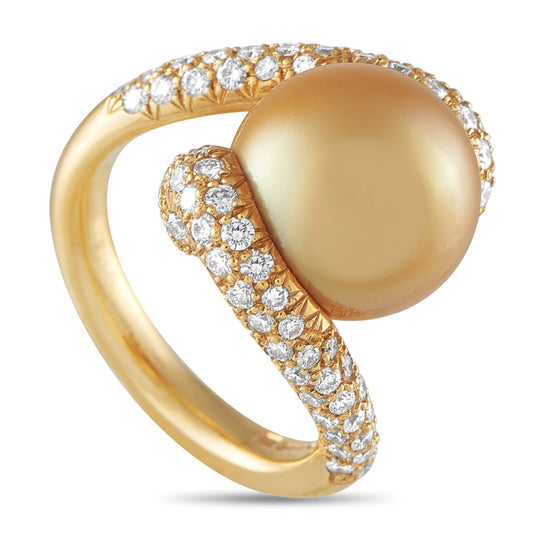 Mikimoto Placomos 18K Yellow Gold 1.0ct Diamond and Golden Pearl Ring