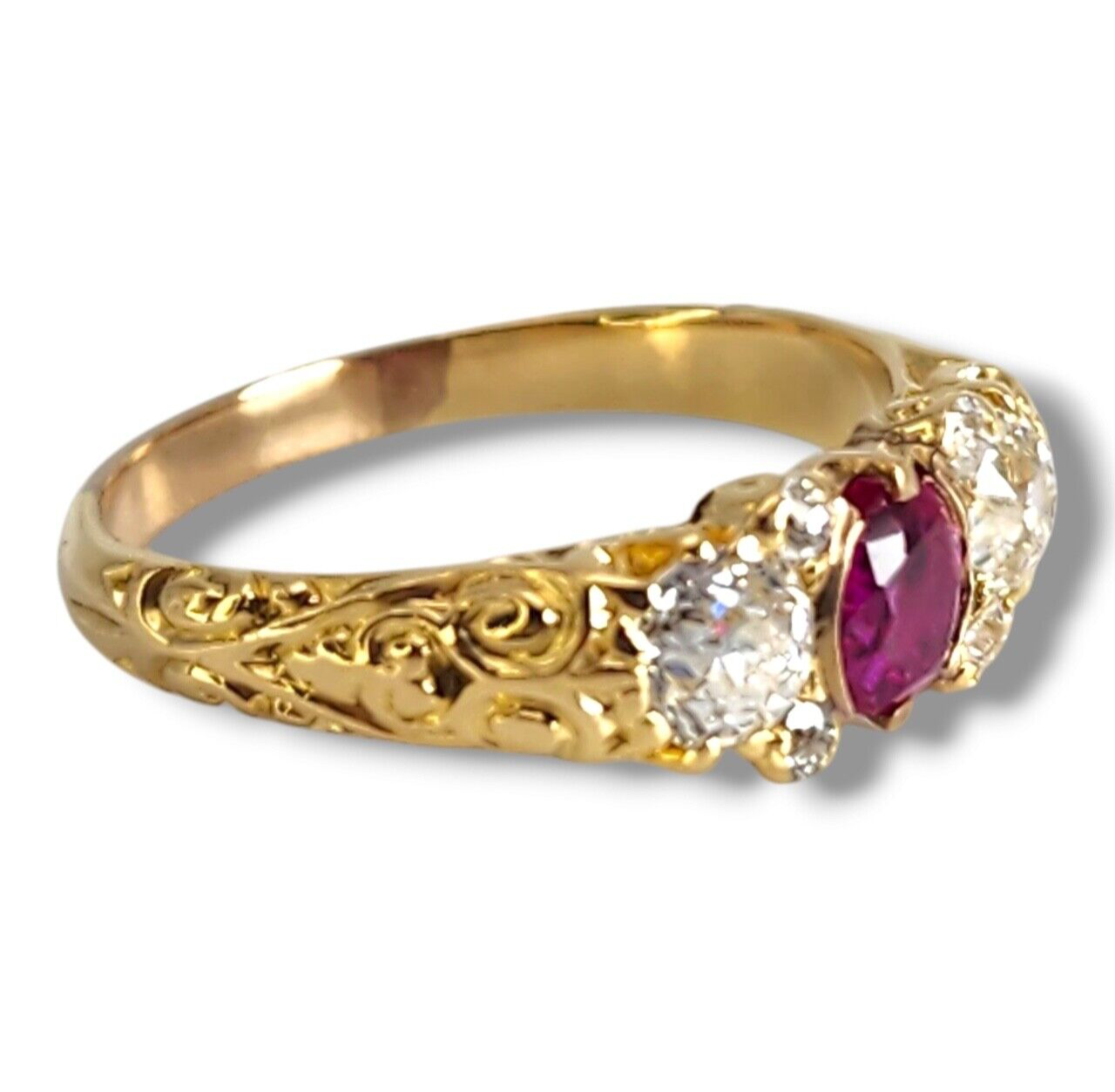 Amazing 18K Gold Burma Ruby & Diamond Women's Trilogy Ring