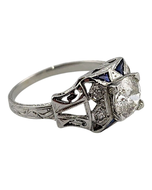 Art Deco Beautiful 18K White Gold Ring w/ Large Round Cut Center 1.0 ct Diamond