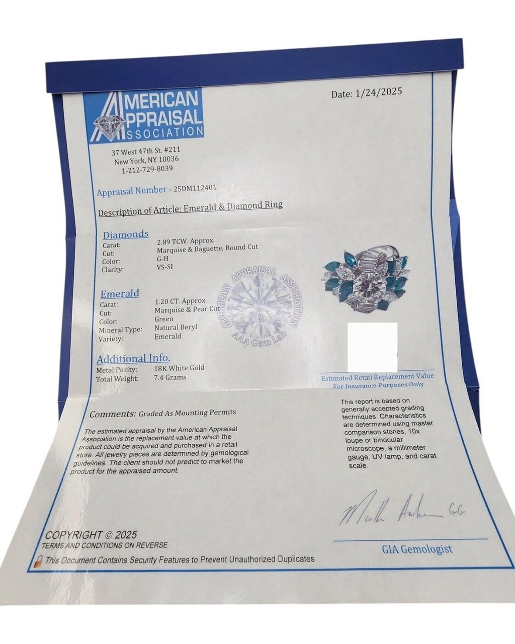 Stunning 18K Gold Ring with  Marquise Diamonds ,Emerald and 4.09ct. Diamonds