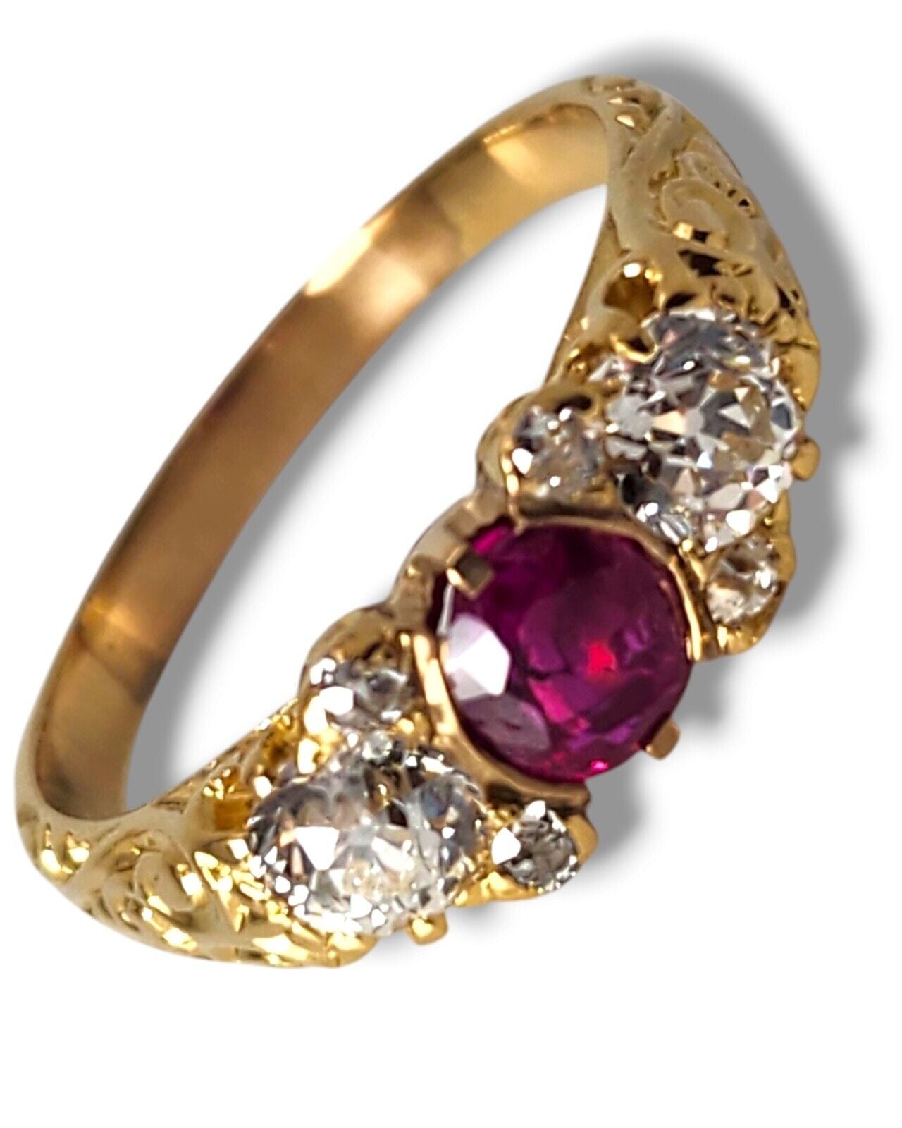 Amazing 18K Gold Burma Ruby & Diamond Women's Trilogy Ring