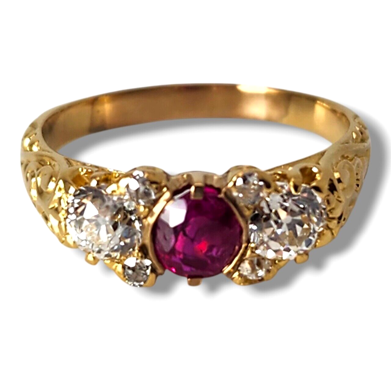 Amazing 18K Gold Burma Ruby & Diamond Women's Trilogy Ring