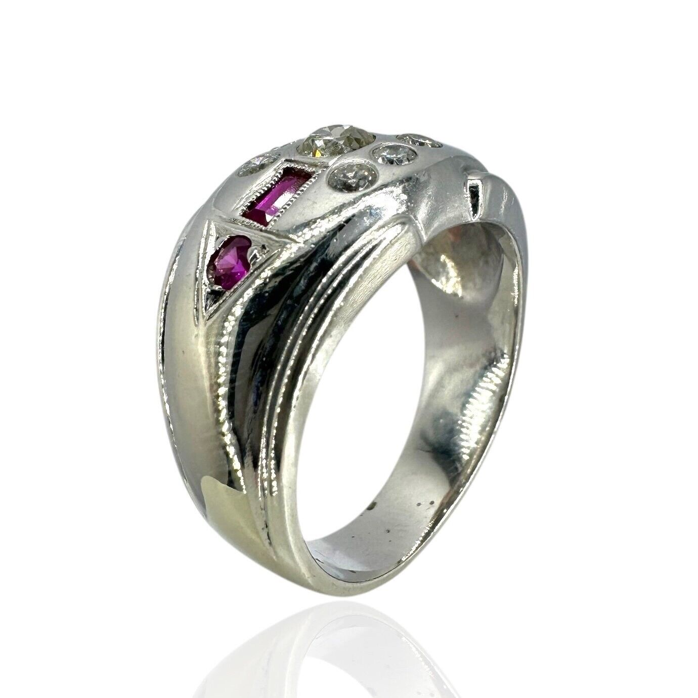 Beautiful 14K White Gold Ring with Diamonds and Rubies