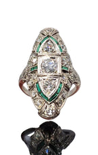 Art Deco 1930 Cocktail Ring In Platinum with 1.42 Carats Diamonds and Emerald