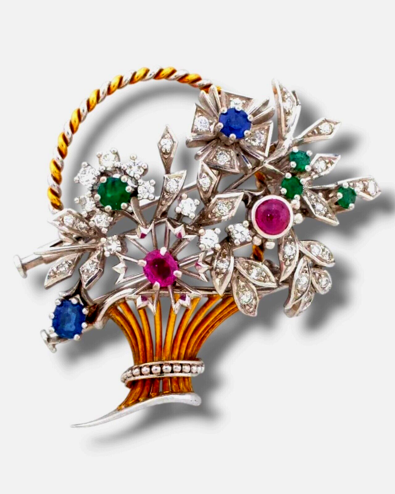 Amazing 18K Gold Ruby Emerald Sapphire Diamond Brooch Pin