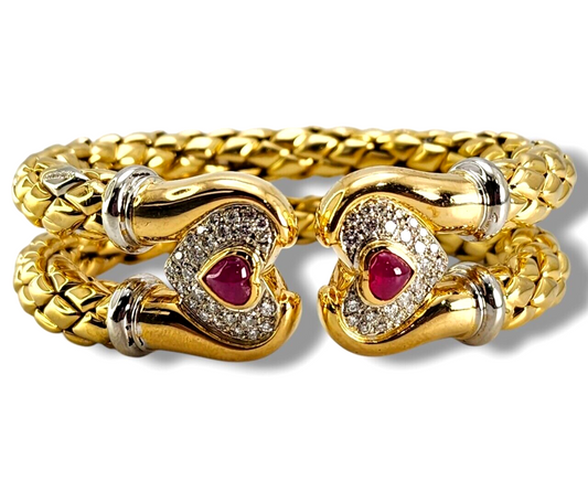 Chimento Diamond Ruby 18 Karat Yellow Gold Flexible 2 Row Cuff Bracelet Diamond