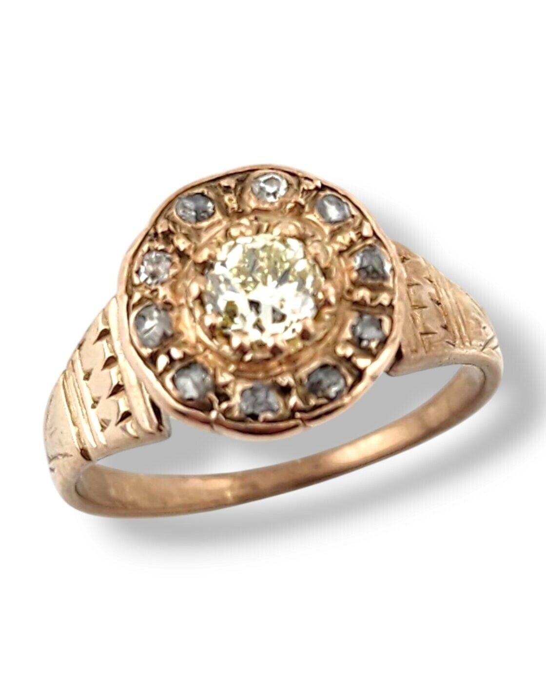 Beautiful  14K Rose Gold Ring with Large Yellow Raw Cut Center Diamond