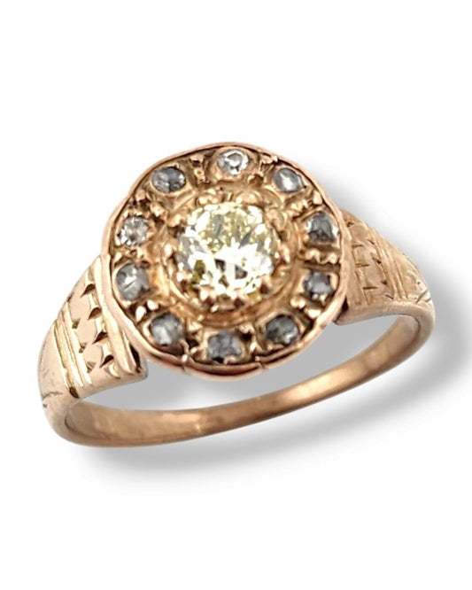 Beautiful  14K Rose Gold Ring with Large Yellow Raw Cut Center Diamond