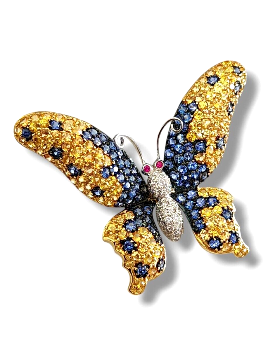 Gorgeous 18k Gold Diamond Sapphire Butterfly Brooch Pin