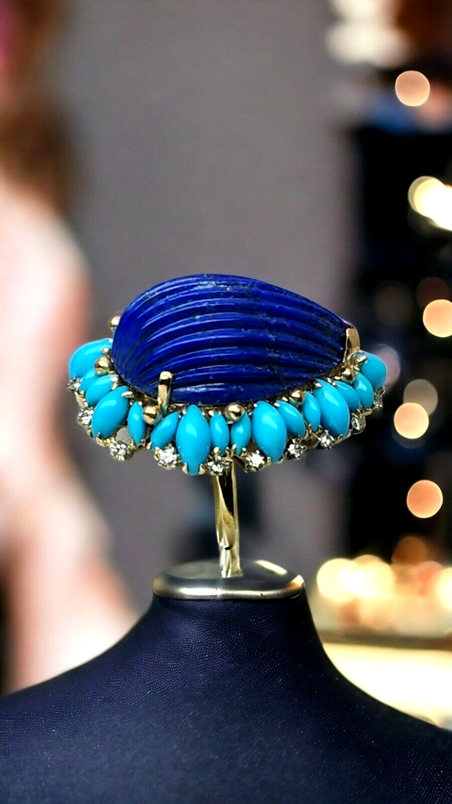 Gorgeous Vintage 14k Gold Lapis Lazuli & Diamonds Ring 1950s