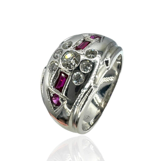 Beautiful 14K White Gold Ring with Diamonds and Rubies