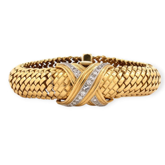 Gobelin. 18K Gold Bracelet with Diamonds and Hidden Watch Circa 1960